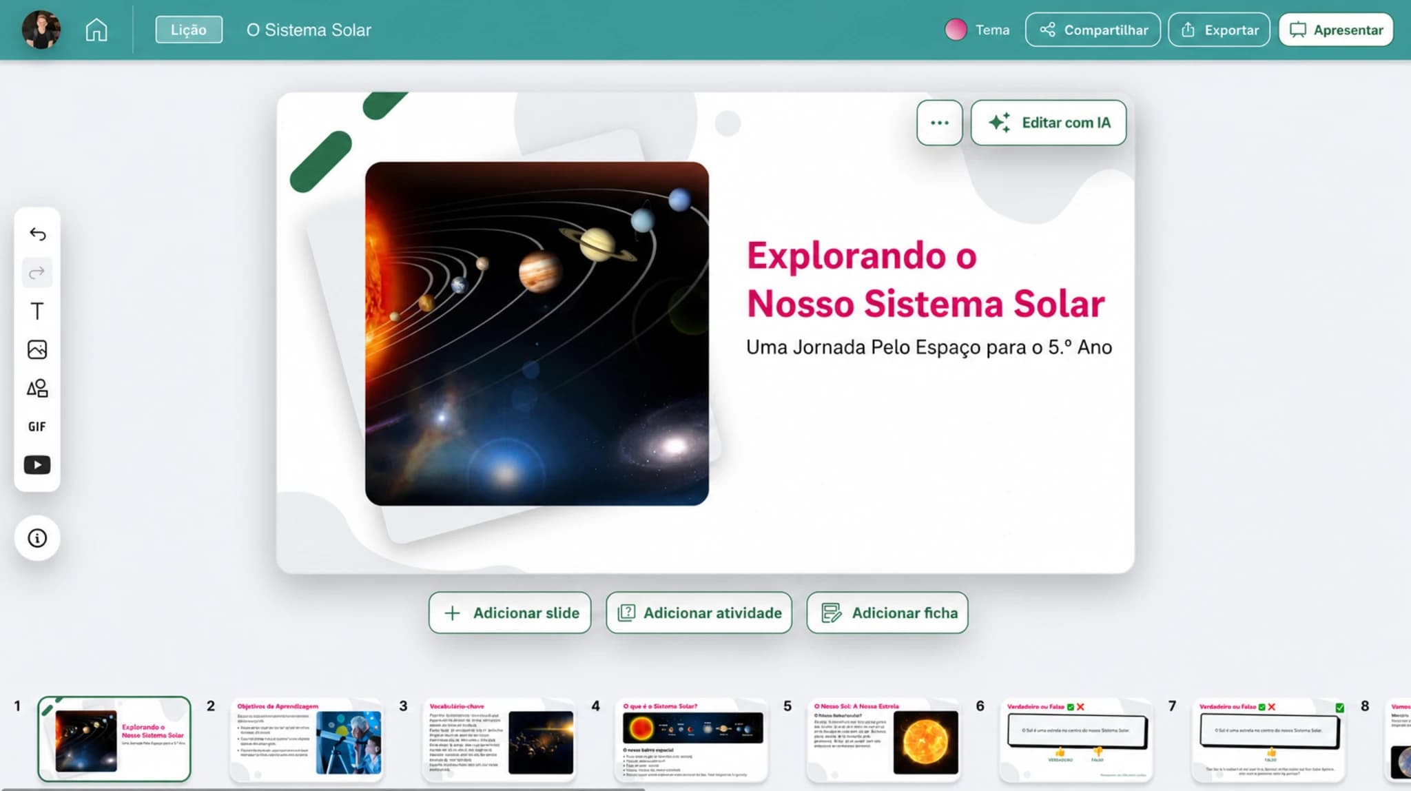Prévia de aula sobre o sistema solar
