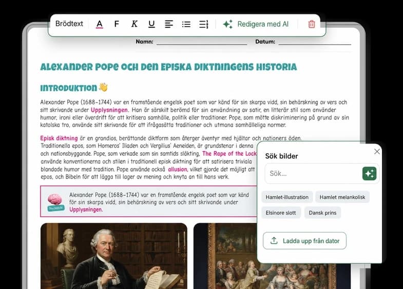 Exempel på arbetsblad om Alexander Pope