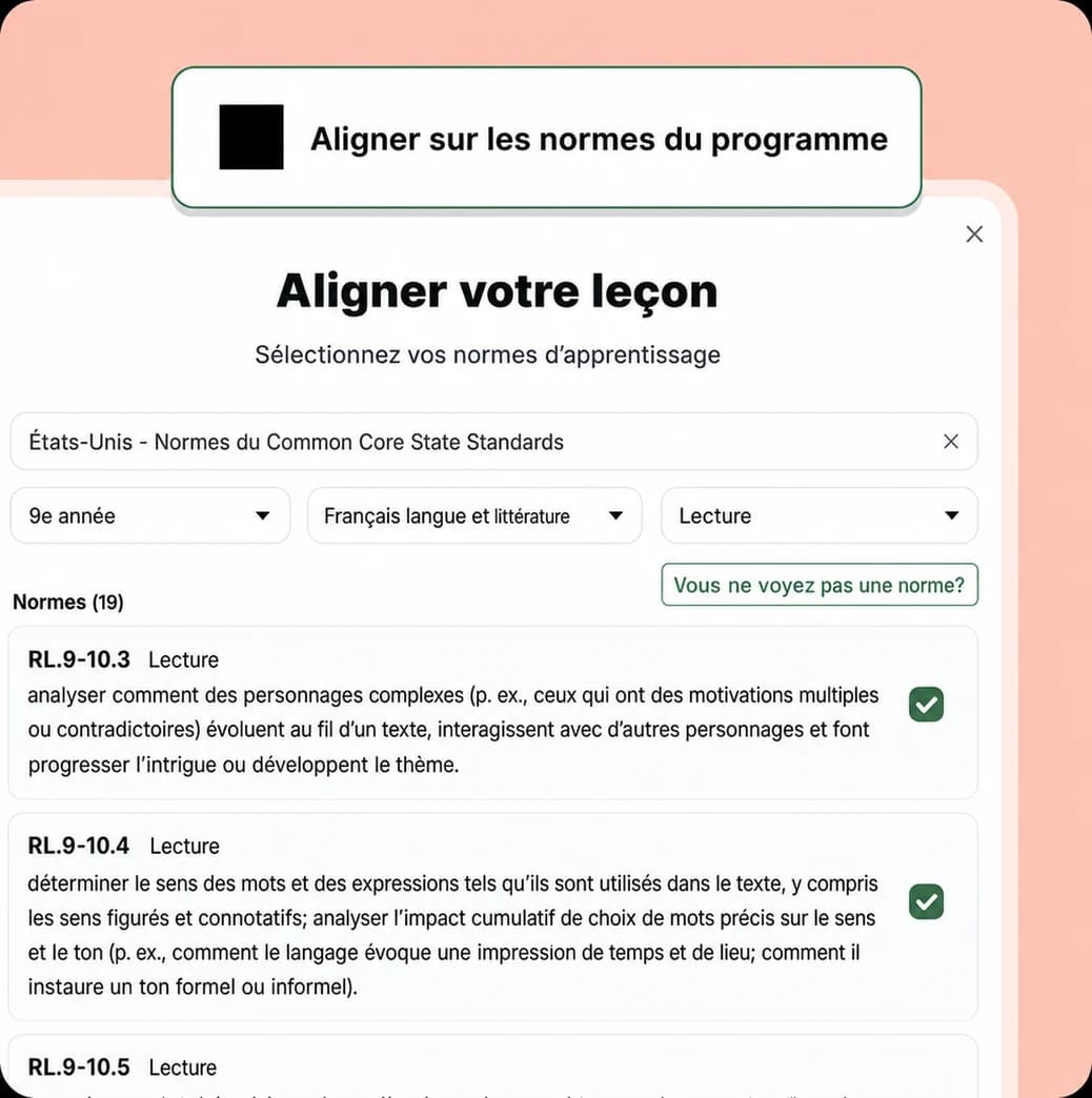 Diapositive montrant l'alignement de la leçon avec le programme
