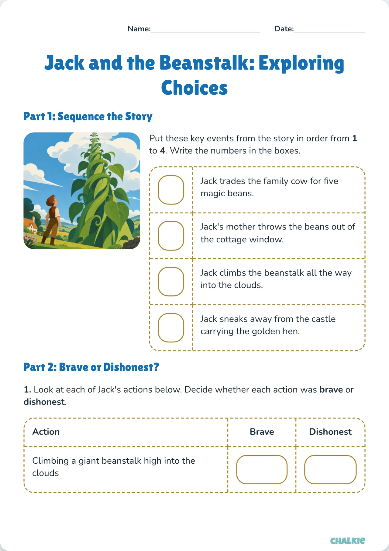 Jack and the beanstalk: practice worksheet